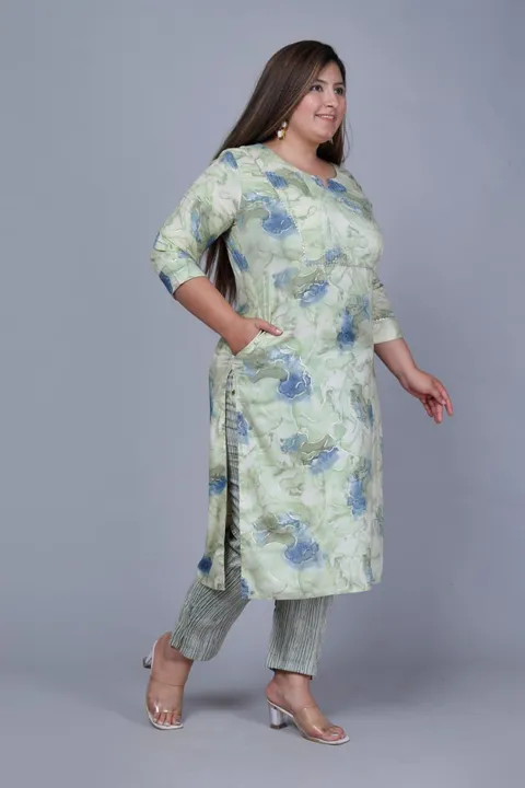 *Plus Size 2pis Straight Kurti Pant Set Updated*

*Fabric-Rayon Slub Foil Print* 

*Size-46-48-50-52 uploaded by Ganpati handicrafts  on 4/2/2023