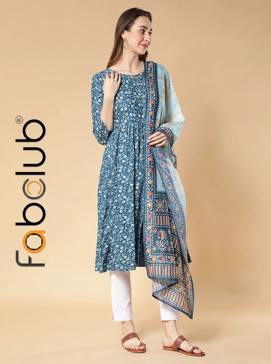 Rayon Printed Blue Flared & Front Slit Women Kurti With Trouser Pant & Dupatta uploaded by Fab Creation on 4/2/2023