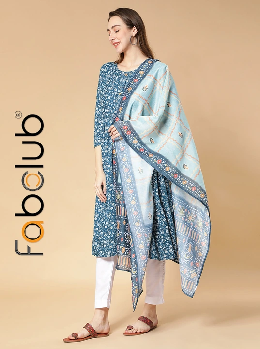Rayon Printed Blue Flared & Front Slit Women Kurti With Trouser Pant & Dupatta uploaded by Fab Creation on 4/2/2023
