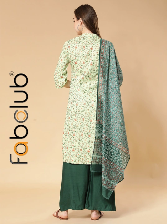 Rayon Floral Printed Green Straight Women Kurti With Palazzo & Dupatta uploaded by Fab Creation on 4/2/2023