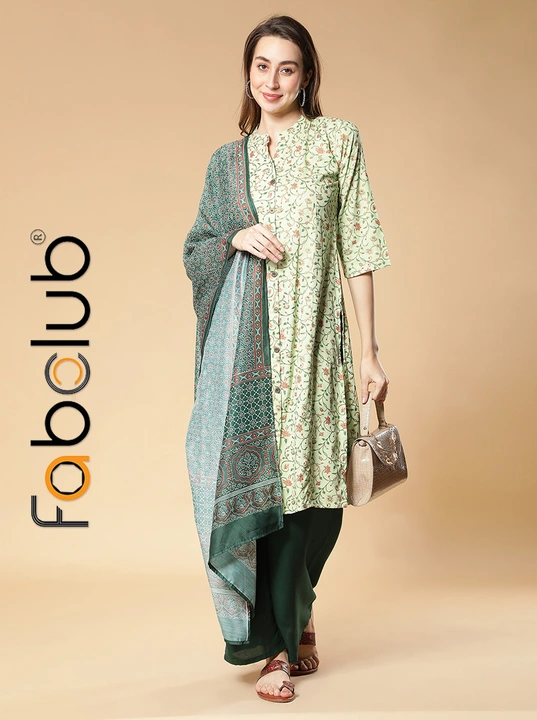 Rayon Floral Printed Green Straight Women Kurti With Palazzo & Dupatta uploaded by Fab Creation on 4/2/2023
