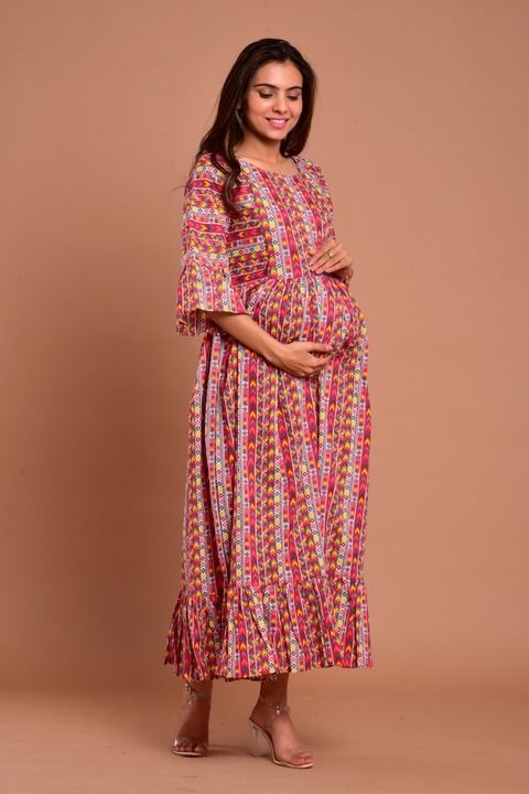 Printed Long Frill maternity dress 
Material Cotton
Length 50 inch-
Free shipping 
M to  uploaded by business on 3/2/2021