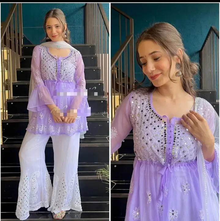 Chikankari GEORGETE top 
Frock pattern
With mirror sharara 
And mirror dupatta 


Size 36,38,40,42,4 uploaded by Aanvi fab on 4/3/2023