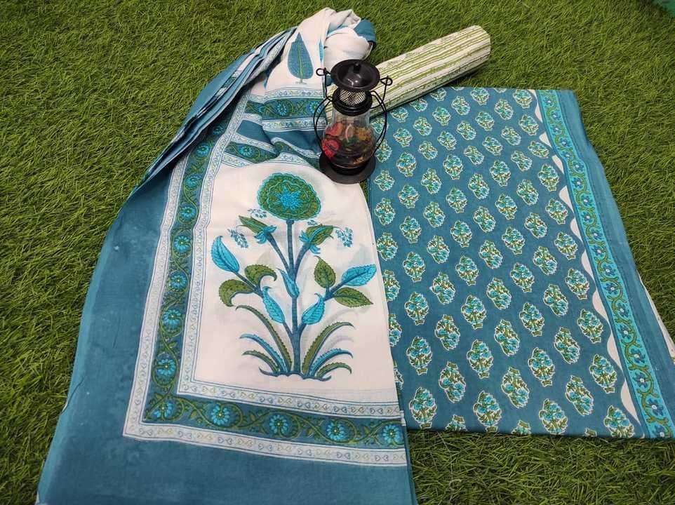 Post image New  print
💃Hand block printed cotton suit💃
Good quality of cotton 
Length.  
Top.  2.50 MTR
Dupatta.  2.50 MTR 
Bottom.  2.50 MTR
