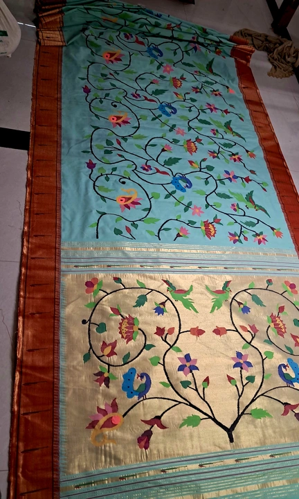 Post image Maharashtrian  femus Original handloom cotton paithani sarri in golden jari border full allover design  .