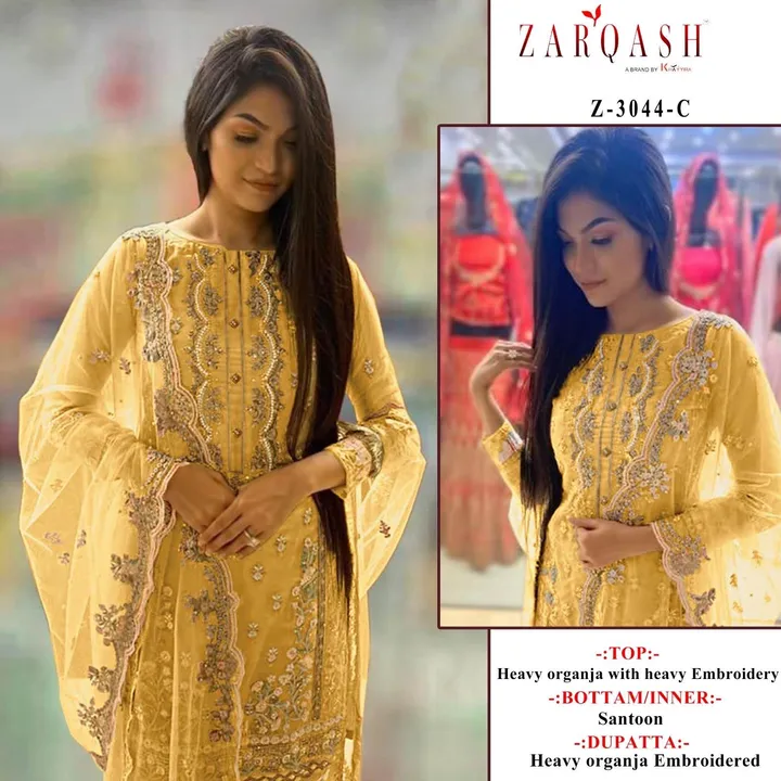 *ZARQASH suits ®️*

D.no :- *Z - 3044*

*TOP :- PURE ORGANZA With Embroidery*
*INNER / BOTTOM :- SAN uploaded by Aanvi fab on 4/3/2023