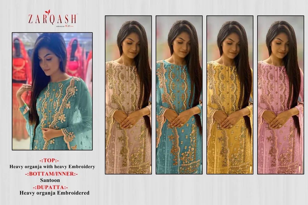 *ZARQASH suits ®️*

D.no :- *Z - 3044*

*TOP :- PURE ORGANZA With Embroidery*
*INNER / BOTTOM :- SAN uploaded by Aanvi fab on 4/3/2023