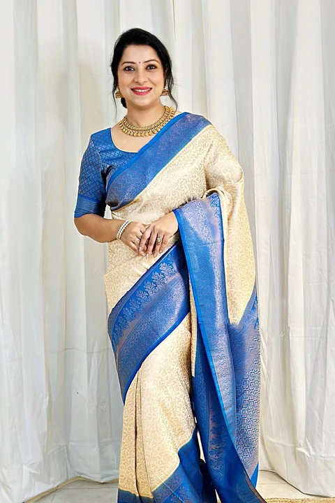 Kanjivaram White and Blue Copper zari woven saree uploaded by Reeva Trends on 4/3/2023