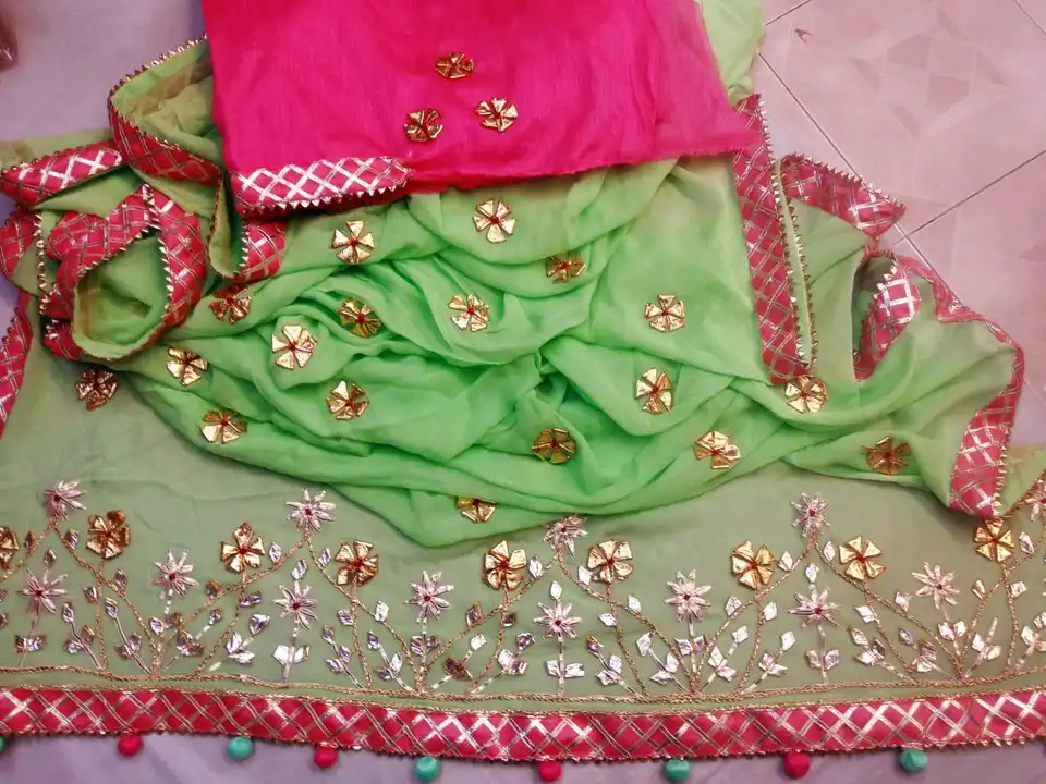 Sale sale🤣 pure najmin ciefon saree and gota work all over saree and same fabrik contract  blouse.  uploaded by Gotapatti manufacturer on 4/3/2023