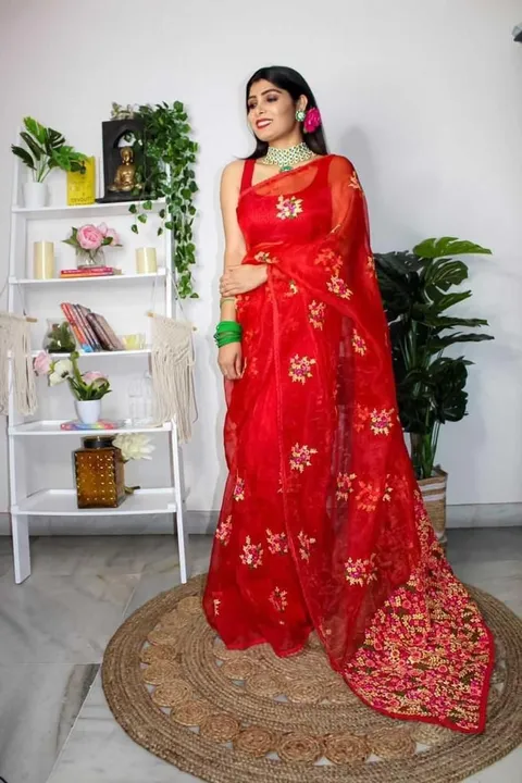 *New Arrival pure*
 *Organza Sarees*  


*Red-Garden*

Pure n very soft organza high quality with  a uploaded by Maa Arbuda saree on 4/4/2023
