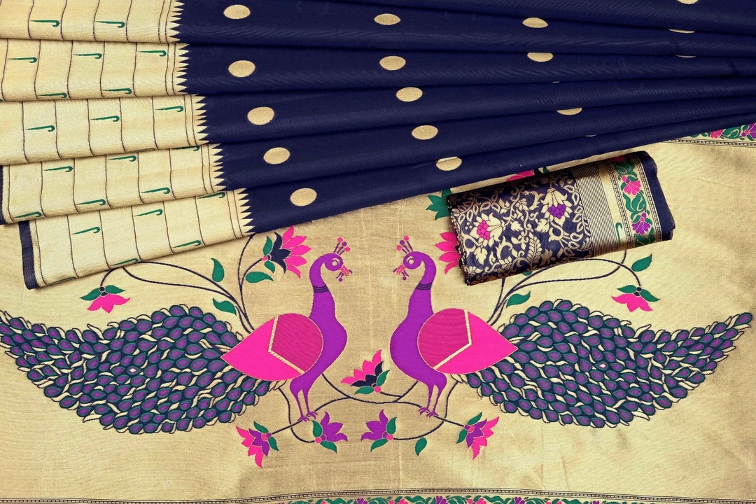 Peacock Design Pallu With Golden Zari Border And Allover Dotts.___ 5 More Differents Colors Availabl uploaded by DHANANJAY CREATION  on 4/5/2023