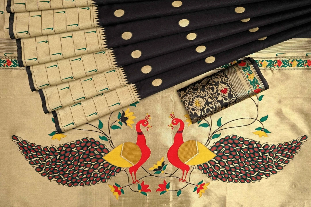 Peacock Design Pallu With Golden Zari Border And Allover Dotts.___ 5 More Differents Colors Availabl uploaded by DHANANJAY CREATION  on 4/5/2023