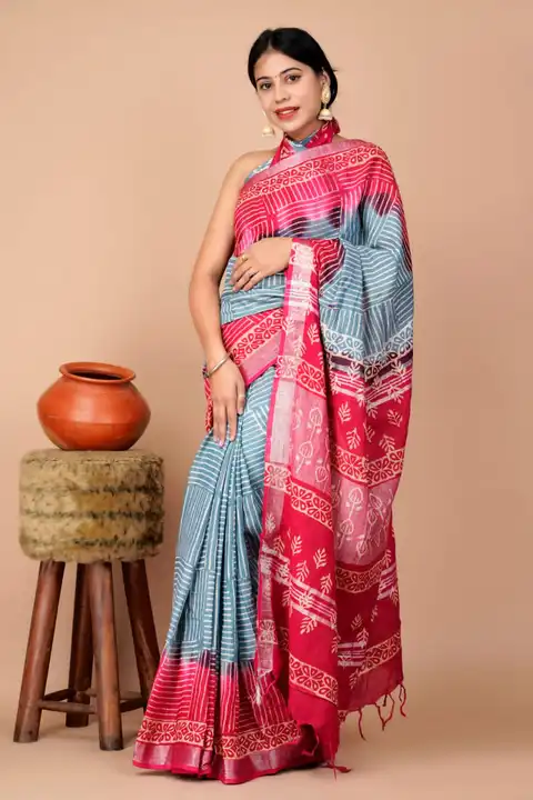 PRINTED 
Linen SAREE collection 

🍁*Hand* block printed linen saree with blouse.....
🍁Length~ 6.5  uploaded by Saiba hand block on 4/6/2023