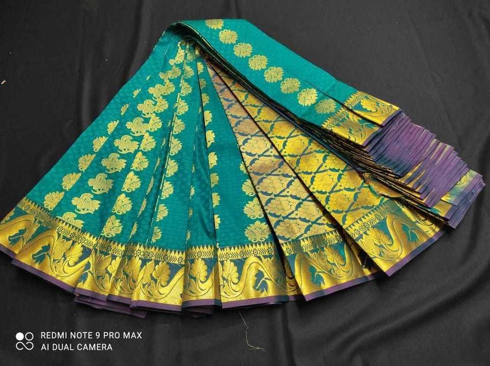 Post image *🌸🌸 Kanchipuram semi silk saree🌸🌸*

Semi silk fabric,

Double side banras keddi border,

*Double warp weaving*

Rich contrast pallu with brocade contra blouse,

Full body zari butta,

*Vibrant colors and quality is found nowhere,*

*Price: Rs.1350 only