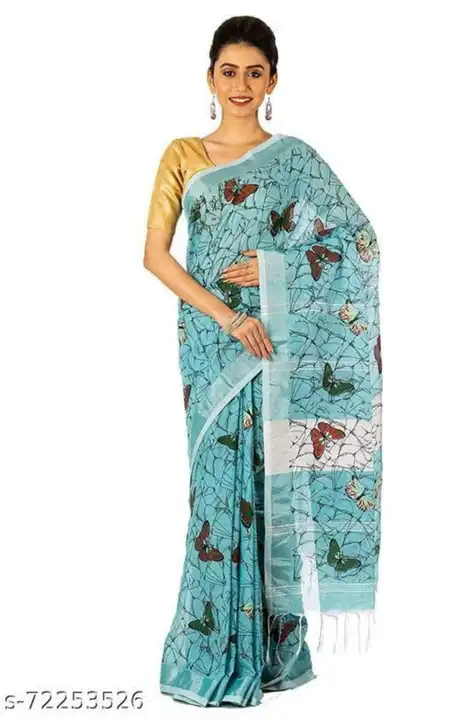 Printed Slub linen saree with blouse pis uploaded by business on 4/7/2023