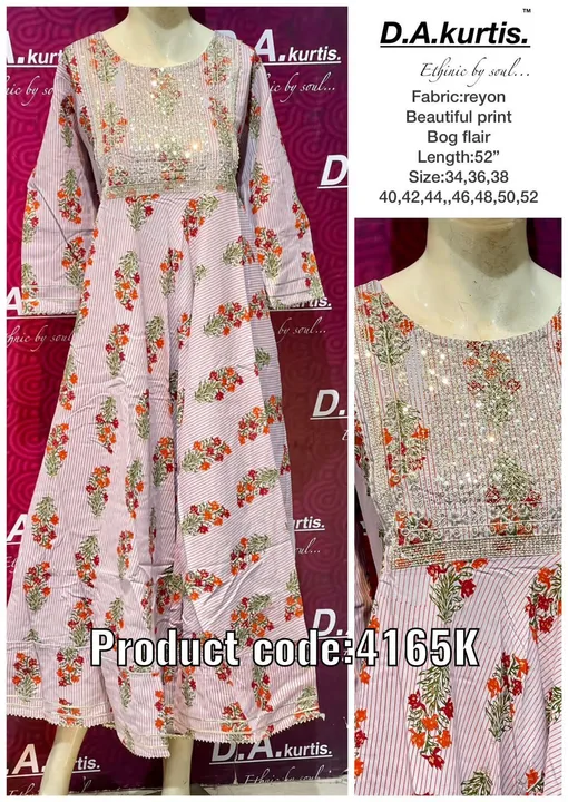 Fabric:reyon
Big flair 
Beautiful gown kurtis avll all 
Ready for dispatch 
Size 38,40,42,44,46,48,5 uploaded by Wedding collection on 4/7/2023