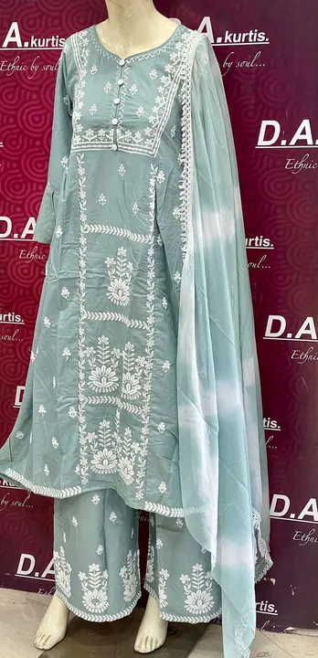 Super new design 

Kurti plazzo with duppta set

Fabric:reyon
Lucknavi embroidered 
Kurti length48”
 uploaded by Wedding collection on 4/7/2023