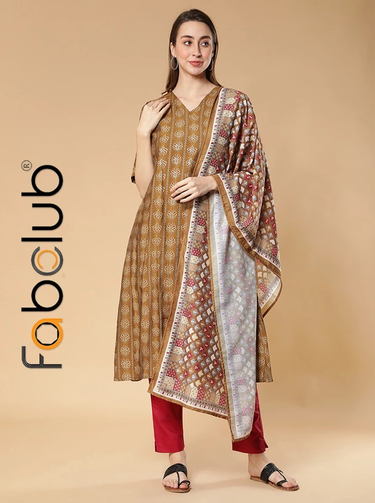 Modal Silk Gold Printed A-Line Women Kurti With Trouser Pant & Dupatta uploaded by Fab Creation on 4/8/2023