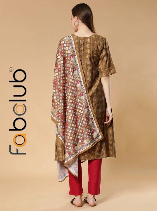 Modal Silk Gold Printed A-Line Women Kurti With Trouser Pant & Dupatta uploaded by Fab Creation on 4/8/2023