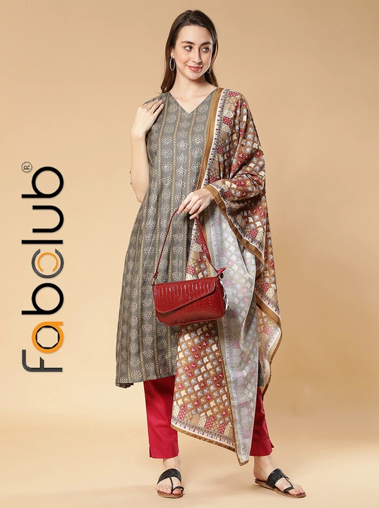 Modal Silk Gold Printed Grey A-Line Women Kurti With Trouser Pant & Dupatta uploaded by Fab Creation on 4/8/2023