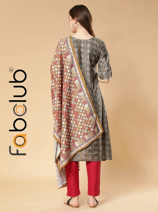 Modal Silk Gold Printed Grey A-Line Women Kurti With Trouser Pant & Dupatta uploaded by Fab Creation on 4/8/2023