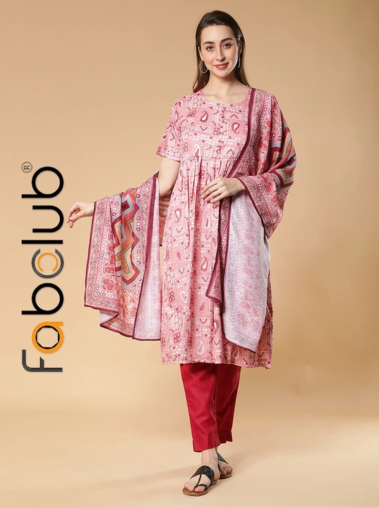 Rayon Gold Printed Light Pink Anarkali Women Kurti With Trouser Pant & Dupatta uploaded by Fab Creation on 4/8/2023
