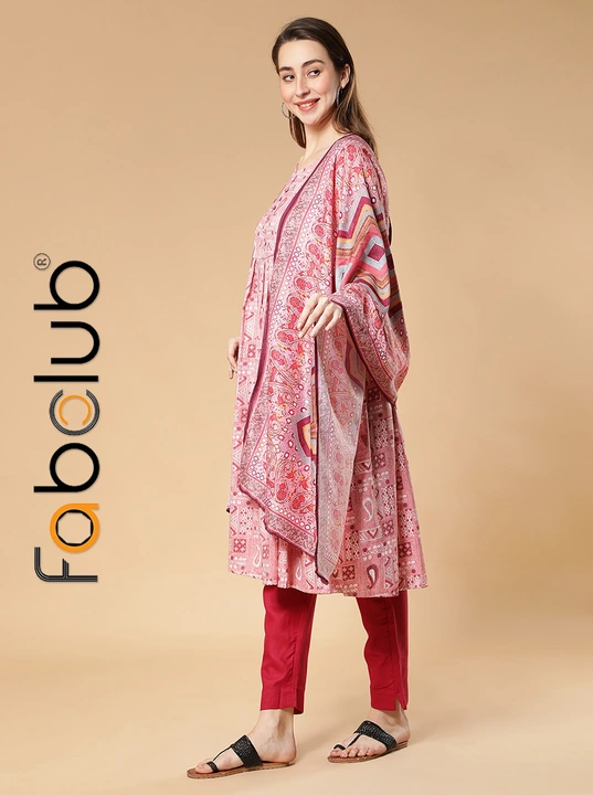 Rayon Gold Printed Light Pink Anarkali Women Kurti With Trouser Pant & Dupatta uploaded by Fab Creation on 4/8/2023