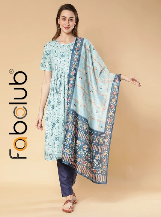 Rayon Gold Printed Light Blue Anarkali Women Kurti With Trouser Pant & Dupatta uploaded by Fab Creation on 4/8/2023