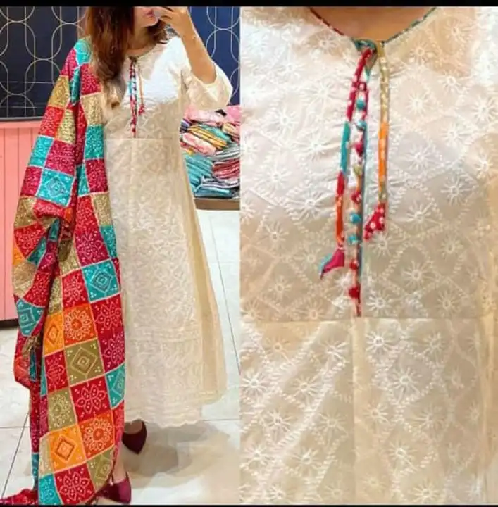 Full stock availableChickenkari anarkali kurta with bandej print silk dupatta Size  M to xxl uploaded by Pari fashion on 4/8/2023