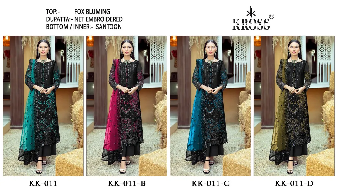 Post image *_BRAND NAME_*:- KROSS KULTURE


*_D.NO_*:- KK 011 ( 4 PC SET )

*_TOP_* :- HEAVY FOX BLOOMING WITH HEAVY EMBROIDERY 
*_DUPATTA_*:- NET EMBROIDERED WITH FALLU 
*_BOTTOM_*:-SANTOON 
*_INNER_*:- SANTOON
