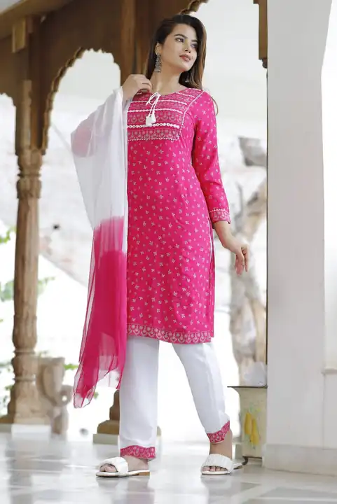 38 to 44,Rayon fabric kurti with pant and dupatta 
 
*Work - print work and lace  work* uploaded by Online Ladies Dresses on 4/10/2023
