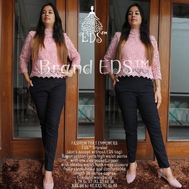 Post image *👸🏻FASHION That EMPOWERS*👑
#Vocalforlocal #buylocalthinkglobal #makeinindia 
*EDS™ Branded with tag*
(don't accept without EDS TAG)

*SUPERIOR QUALITY RAYON COTTON LYCRA FULLY STRETCHABLE PANTS*
  
*High waist pants available in different colours one side zipper,one side     pocket*
*front belt and elastic at back*
*super comfortable and breathable like cotton*
*hook n eye closure*
*Length approx 38 inches*

Waist Sizes in inches
*L    -     28 to 32*
*XL   -   32 to 36*
*XXL -   36 to 40*
*XXXL -  40 to 44*
 
*Reseller's price 600 free shipping*


👸🏻 *WITH quality assurance of BRAND EDS*👑
