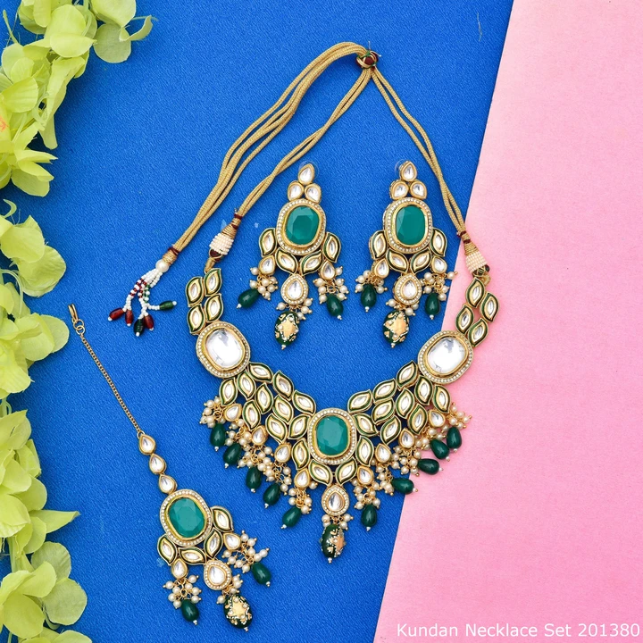 Backside Meena Kundan Beads Necklace Set with Earrings and Maangtika  uploaded by Joypur Sales on 5/30/2024