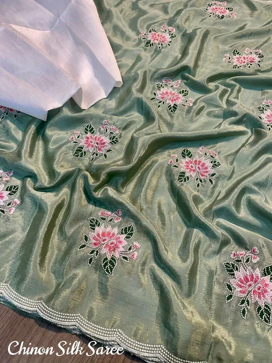 Chinon silk saree multi emrodiry work with raw silk uploaded by Suyukti fab on 4/10/2023