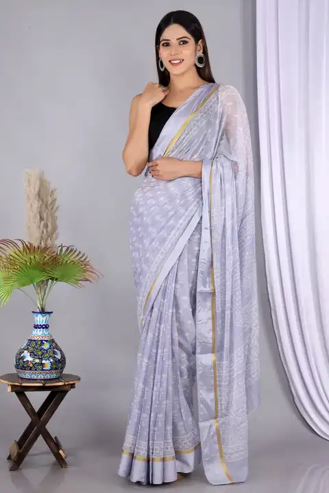 👉Chiffon sarees with Zari modal silk border
    Saree 5.5 MTR
    Blouse 1 mtr
👉blouse with  bp
👉 uploaded by Saiba hand block on 4/11/2023