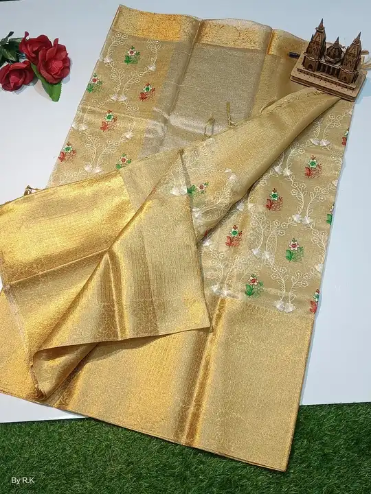 Gold tissue plain and embroidery resham work ❇️ uploaded by business on 4/11/2023