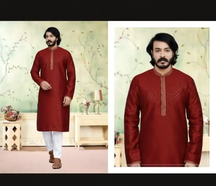 Post image *New update*

Collar :- Stand Up Collar

Fabric :- Silks 

Fit :- Slim Fit 

Sleeve:- Full Sleeve 

Work :- Self 

Color :- Black,Royal
 Blue,rad,Golden,Cream,Rama 

Size :- 36,38,40,42,44,46

Contact 093759 07041