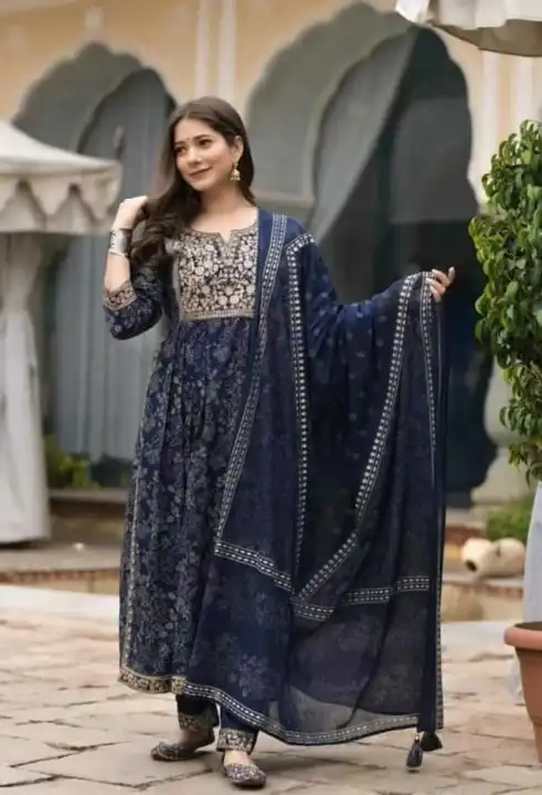 Blue embroidery nayra cut kurti pant with dupatta set uploaded by business on 4/12/2023