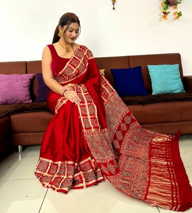 Modal silk chex ajrakh pallu saree uploaded by Arihant Bandhani's on 5/29/2024