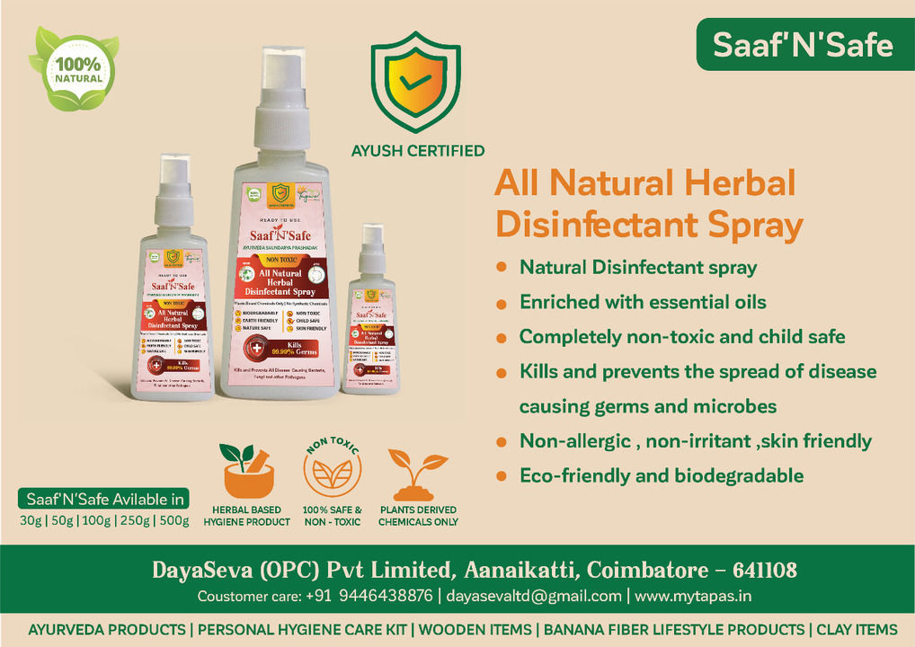 Saaf n Safe Herbal disinfectant spray - hona alcoholic, child and eye safe uploaded by DayaSeva Opc pvt ltd on 3/5/2021