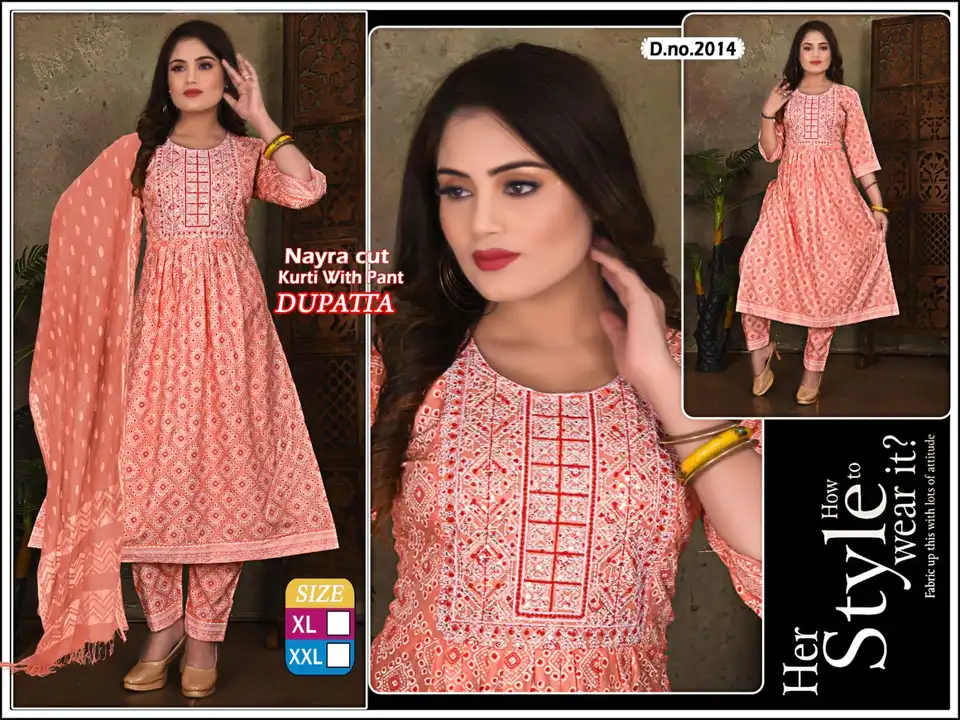 Nayra heavy 3 pcs chanderi 3 pcs sets cotton reyon All fabrcs avlble All readymate availble  uploaded by Radha Creation , Maira sales for Readymade items on 4/14/2023