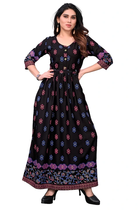 Trending rayon printed long dress  uploaded by Navya fashion on 4/15/2023