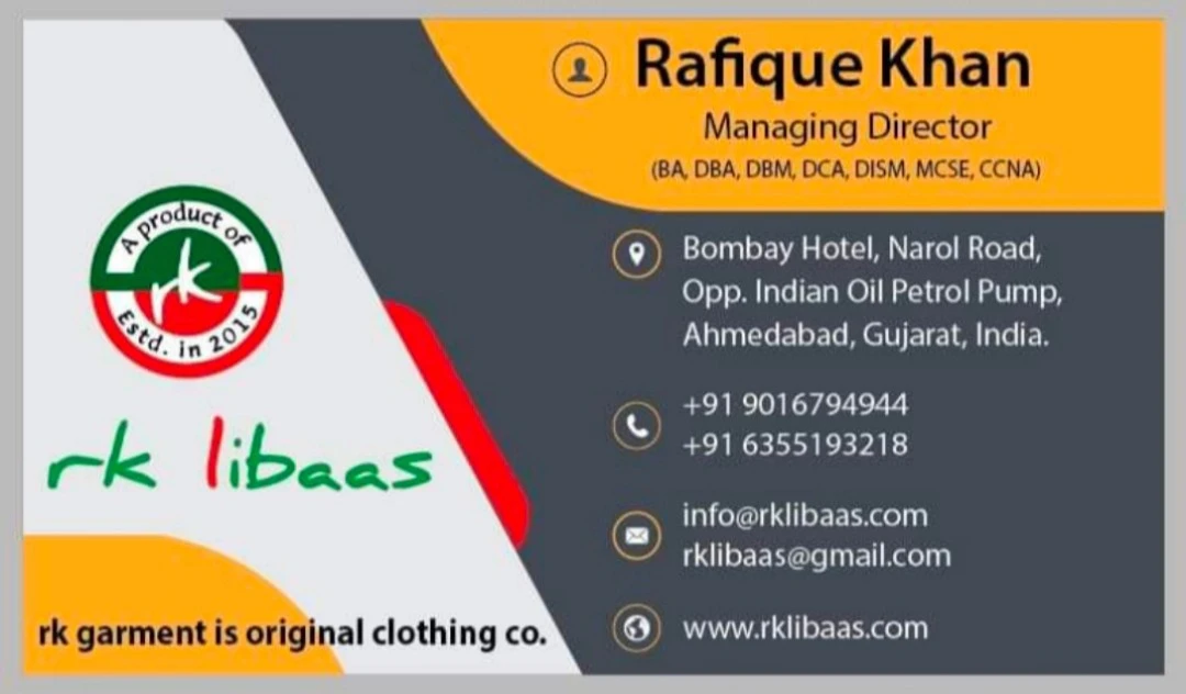 Visiting card store images of rk libaas clothing co.