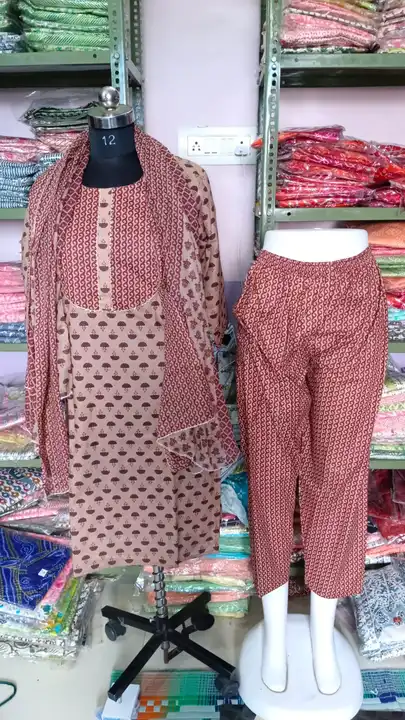 Jaipuri print cotton kurti pant with dupatta set uploaded by Jaipuri Fashion World  on 4/15/2023