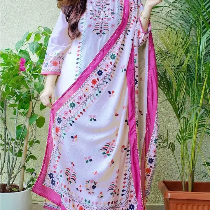 Heavy reyon mirror work kurtie set with pant and dupatta  uploaded by Unique Creation on 4/16/2023