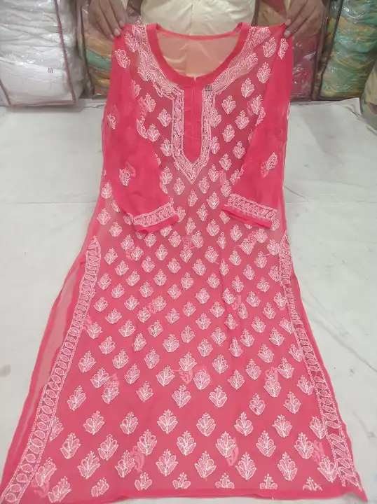 Lcf* *present* 

Chiffon long  kurti 

 46 approx  length  

Buti jaal work 
 Size.    

36 38 40 42 uploaded by Lcf crafts (lucknow Chikan factory) on 4/16/2023