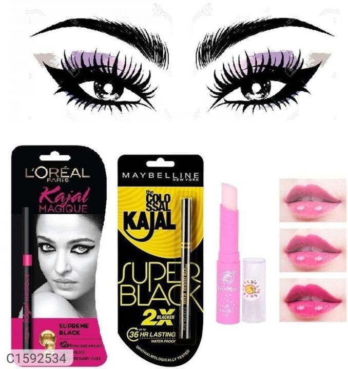 MAYBELLINE LOREAL SUPER BLACK KAJAL EACH WITH MAGIC PINK LIP BALM uploaded by SN creations on 3/5/2021