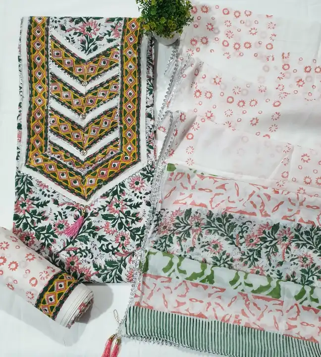 Printed gota work suits with cotton dupata hand work with cotton bottom 3 pies set.
Top size 2.5 wit uploaded by Saiba hand block on 4/17/2023