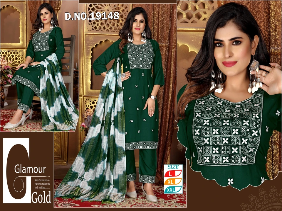 Three piece embroidery kurti pant  dupatta  uploaded by Evergreen on 4/17/2023