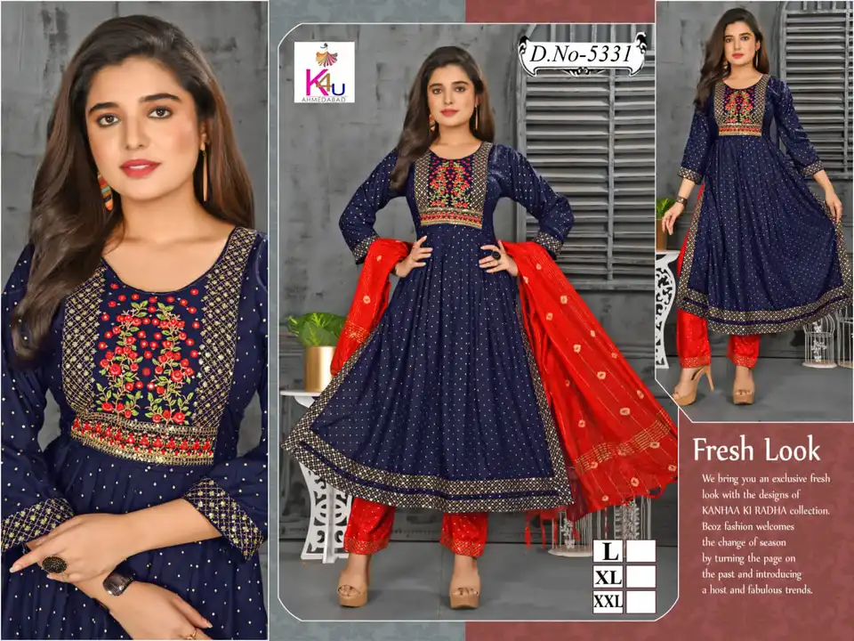 Heavy embroidery on printed nayra cut kurti pant dupatta  uploaded by Evergreen on 4/17/2023